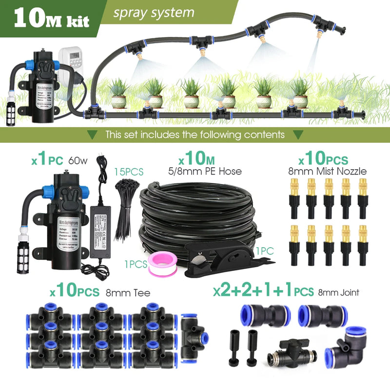 110-220V Power Supply self-priming Pump Spray Kit  for Greenhouse Garden 8mm PE Hose Brass Nozzle Automatic Misting Cool System