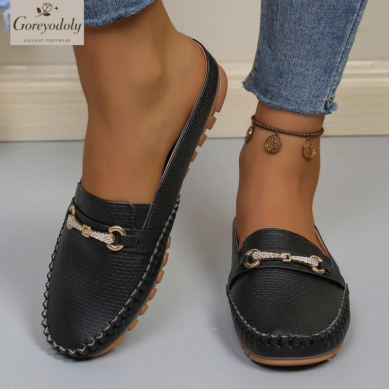 Goreyodoly women mule flats quilted slip on shoes chain detail wide fit lightweight soft sole casual comfort loafers