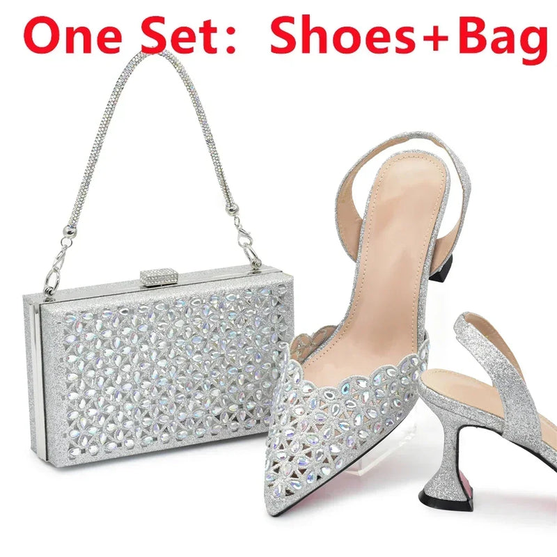 New Arrival Nigeria Women Designer Shoes and Bags Decorated with Rhinestone Wedding Italian Shoes Bag Set Pumps Women Luxury