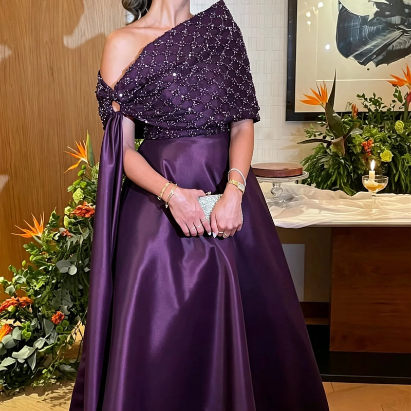 Luxury Asymmetric Off Shoulder A-Line Evening Dress Bead | SAMAG