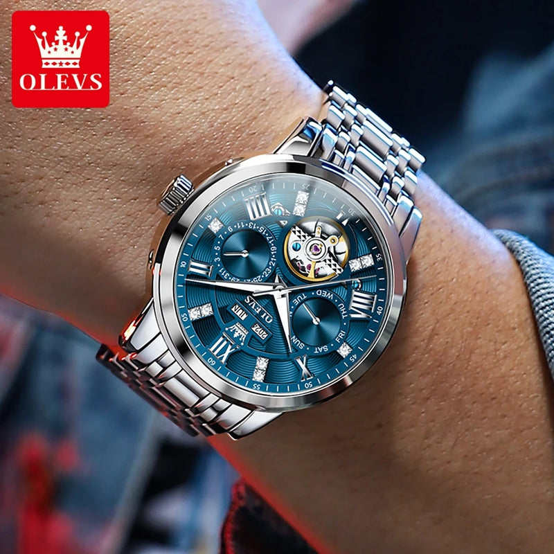 OLEVS 6701 Man Watch Fashion Top Brand Stainless Steel Hollow Skeleton Flywheel Automatic Mechanical Waterproof Watch for Men