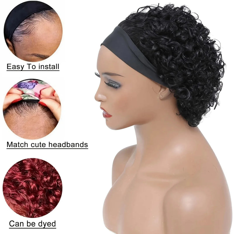 Stylish Short Curly Pixie Cut Headband Wigs 6 Inch 1B Natural Black Human Hair 150% Density Machine Crafted Breathable Lightweig