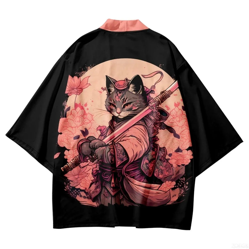 Japanese Cat Print Haori Kimono Yukata Samurai Men | SAMAG
