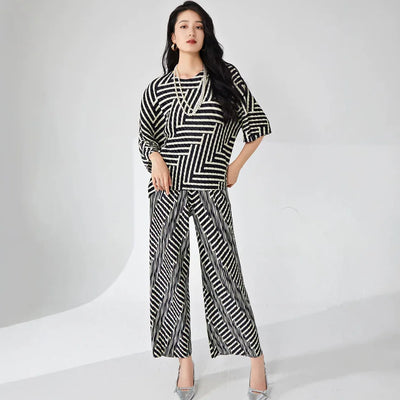 Miyake Fashion Women's Suit Summer High - end Striped Print | SAMAG