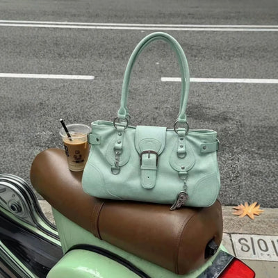 Korean Y2k Retro Pu Leather Large Capacity Handbag Mint | SAMAG