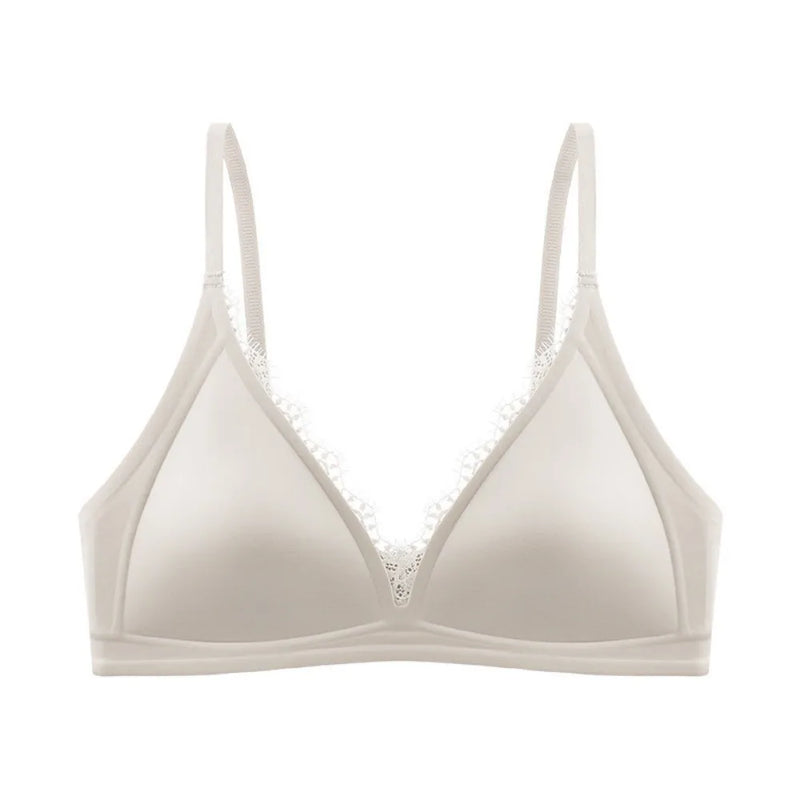 Ins Simple Satin Satin Wireless V Bra V Lace Neck Traceless Push Up Underwear Lingerie Solid Color Satin Lace Brassiere Running