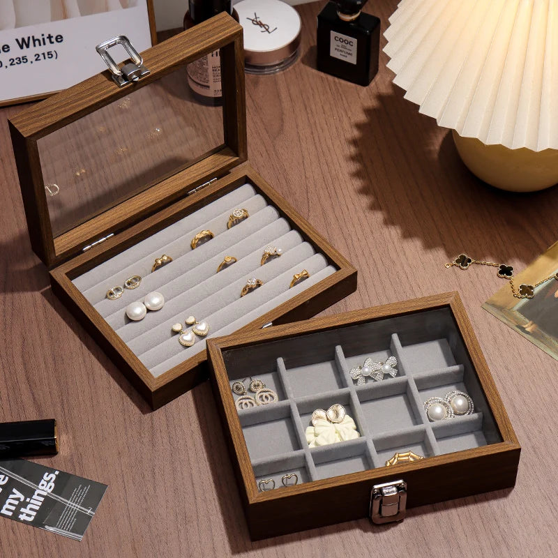 Walnut wood color jewelry box; exquisite wooden ring box, earrings, studs, necklace, trinkets multi-compartment storage box
