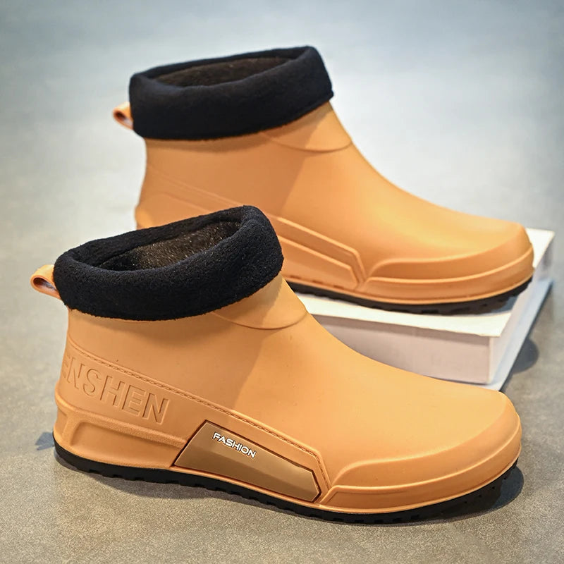 Men's Winter Fleece Lined Short Rain Boots Waterproof Non Slip Work Kitchen Safety Black Rubber Boots Thickened Shoe Bottom