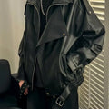 Men's Autumn High Colar Pu Leather Jacket American Retro Zipper Motorcycle Jacket Loose Fashion Atmosphere Asymmetrical Coat