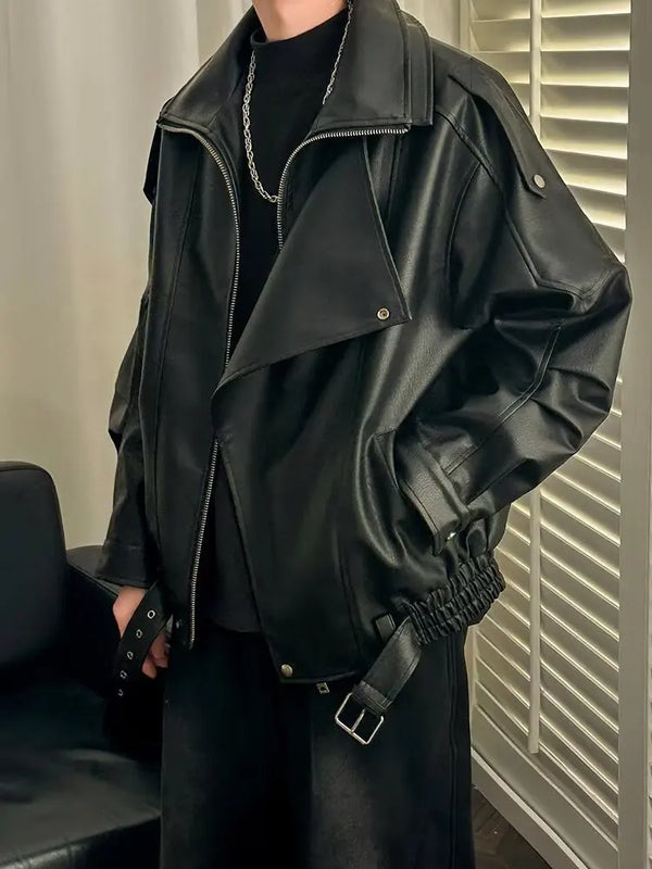 Men's Autumn High Colar Pu Leather Jacket American Retro Zipper Motorcycle Jacket Loose Fashion Atmosphere Asymmetrical Coat