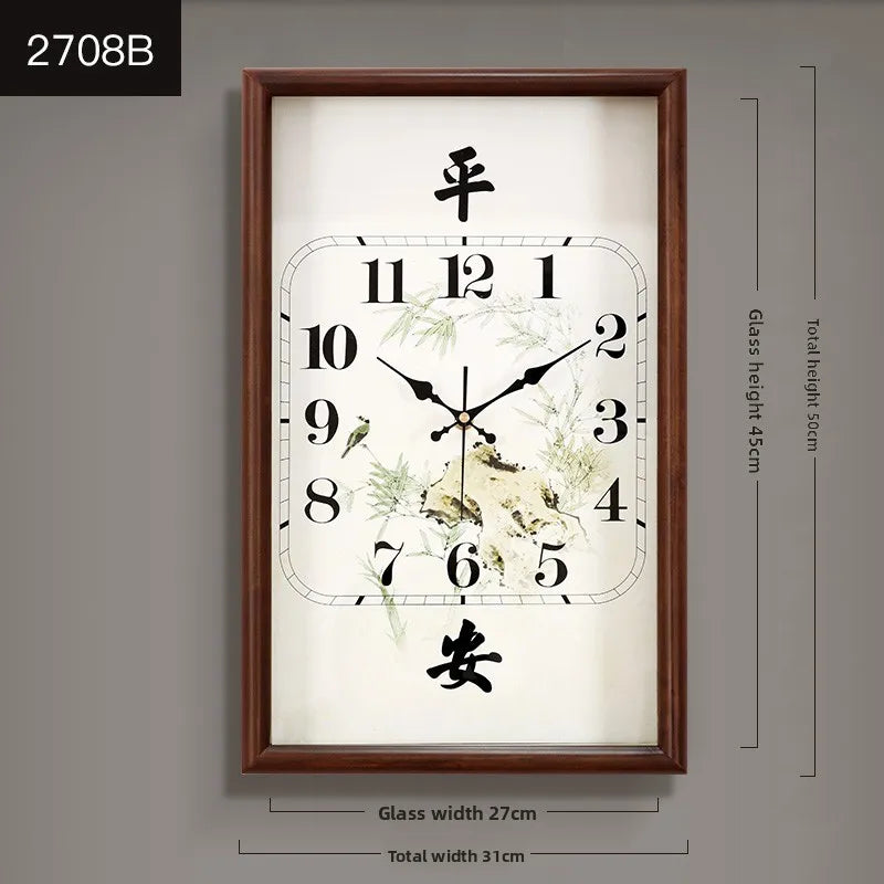 Wall Clock New Chinese Solid Wood Living Room Rectangular Home Bedroom Simple Atmosphere Silent Wall Clock Home Decor