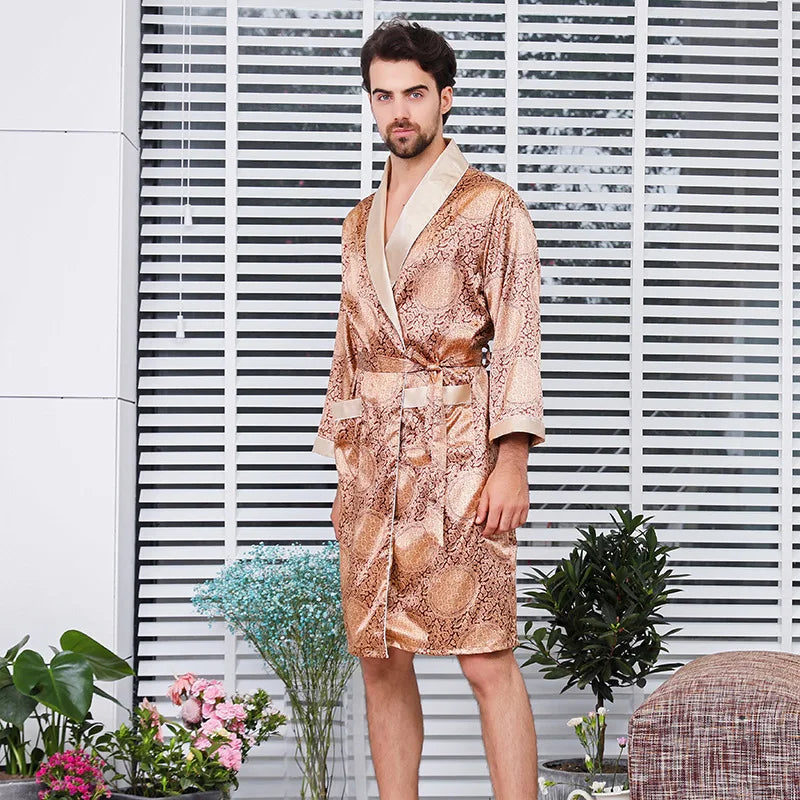 Men Summer Satin Bathrobe Shorts Robe Suit Thin Ice Silk Pajamas 5XL Plus Size Bathrobe Kimono Sleepwear Soft Bath Gown Male
