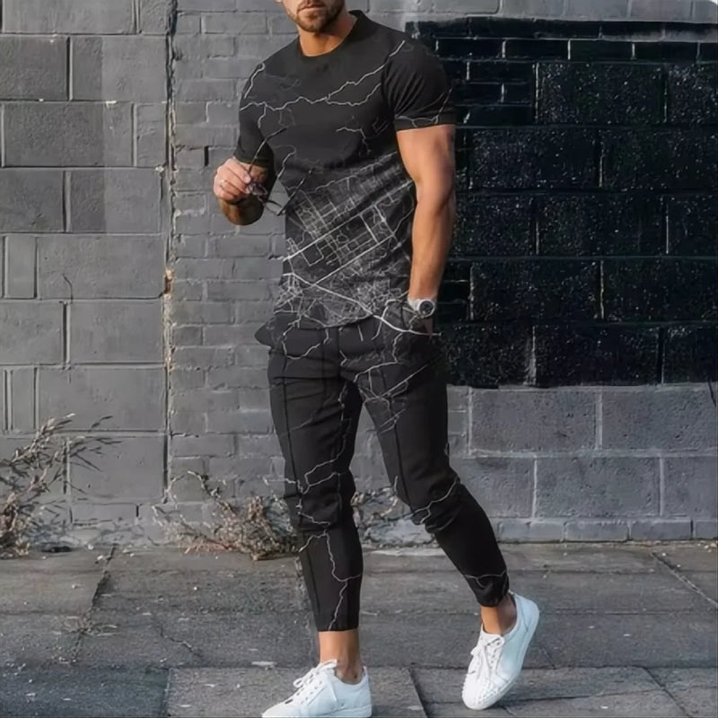 Summer men's T - shirt and pants sports suit abstract gradient 3D printed T - and set 2 - piece street wear - View 7 | SAMAG