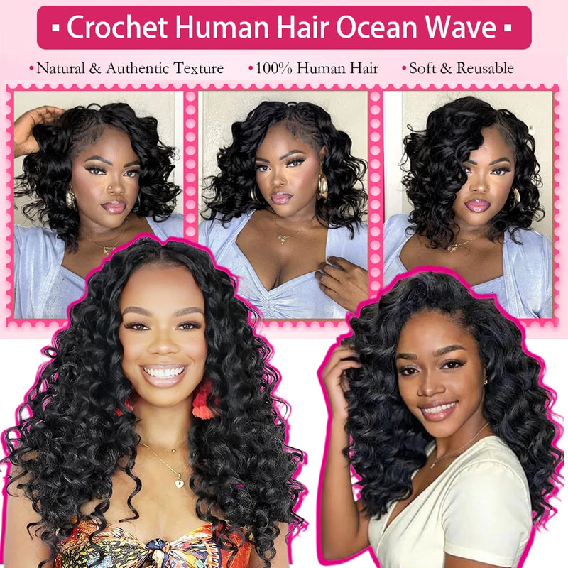 Ocean Wave Crochet Braids Miracle Knots Crochet Human Hair Pre-Separated Invisible Knotless Loose Deep Wave Feather Crochet Human Hair Bundles For Black Women Ocean Wave Humain Crochet Hair 16 To 26 Inch 60g/pcs 240g For A He