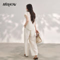 MISHOW Women's Linen 2 Piece Sets 2026 Summer Lapel V-neck Shirt High Waist Wide Leg Pants Set with Scarf Office Lady MXF20T1713