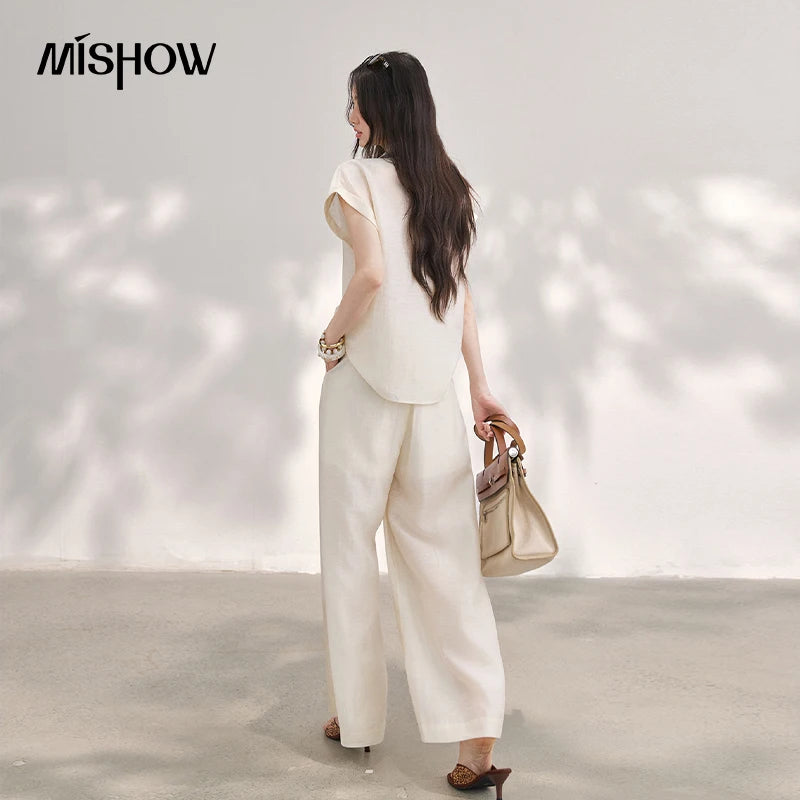 MISHOW Women's Linen 2 Piece Sets 2026 Summer Lapel V-neck Shirt High Waist Wide Leg Pants Set with Scarf Office Lady MXF20T1713
