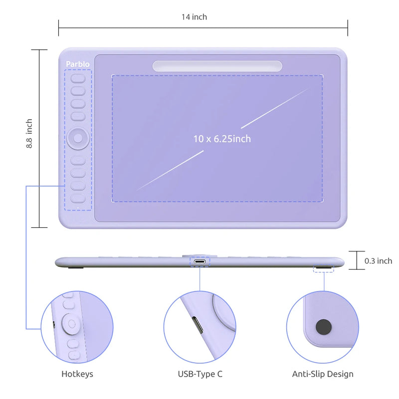Parblo Intangbo M Drawing Tablet, 8192 Levels Battery-Free Pen and 8 Hot-Keys Digital Art Tablet for Drawing Illustration