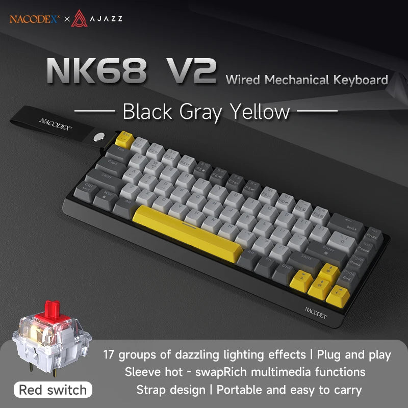 AJAZZ NK68V2 Single-Mode Wired Mechanical Keyboard Portable Gaming Keyboard RGB Hot-Swappable PC Lightweight Mechanical Keyboard