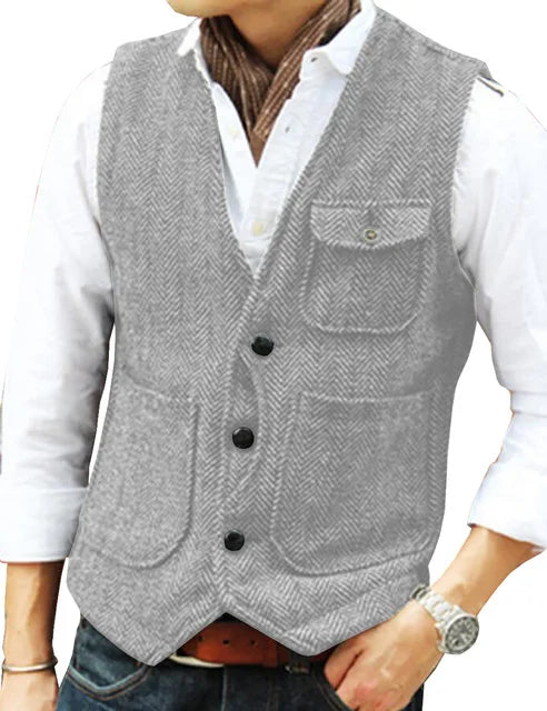 Men Vest Brown Herringbone Wool Tweed V Neck Single Breasted Retro Tooling Vest Male Gentleman Business Waistcoat For Wedding