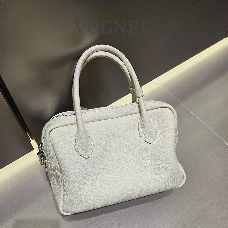Genuine Leather Women's Boston Bag, New Niche Design Double Zipper Simple Wide Shoulder Strap Fashion Portable Shoulder Bag