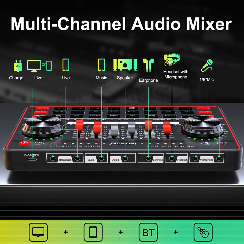 Tenlamp G3 Podcast Equipment Bundle Kit, Studio Sound Card Audio Mixer with Dynamic Condenser Wireless Mic, DJ Mixing Station Voice Changer for PC Smartphone Gaming Streaming Singing Recording YouTube