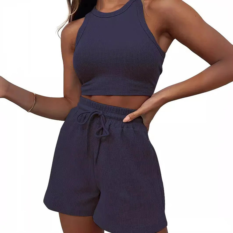 Hot Sells Women's Shorts 2-piece Set Waffle Short Vest Sports Running Elastic Waist Drawstring Summer Fashion Set for Female