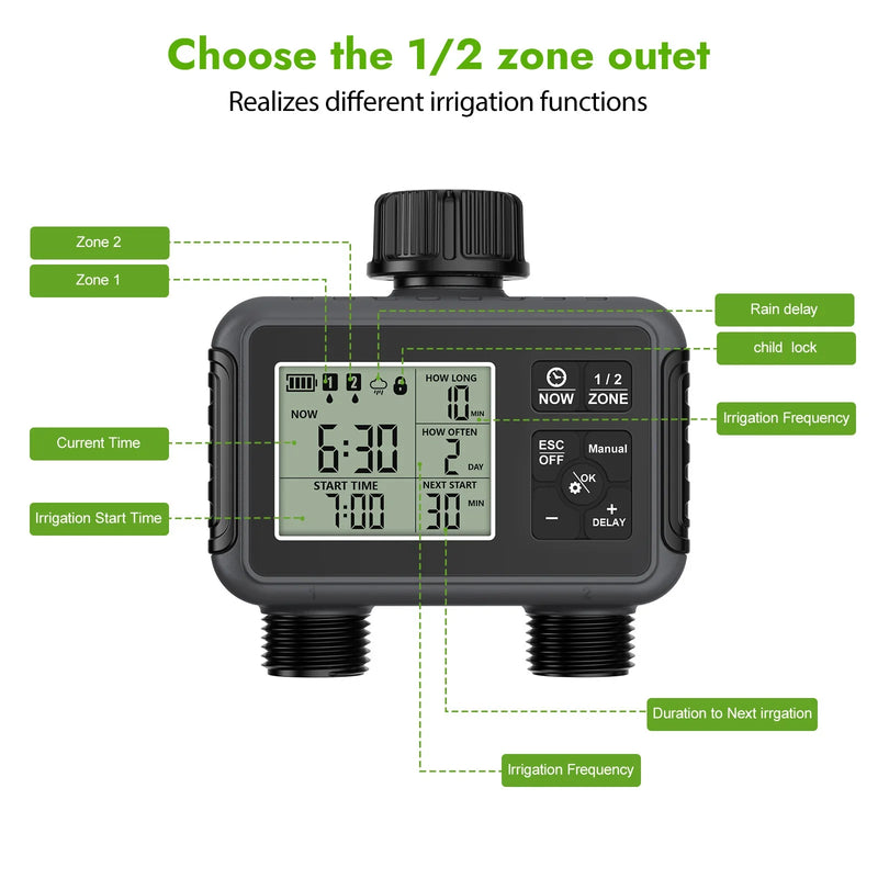 Dual Zone Independent Smart LCD Display Garden Watering Timer Atomization Spray Kit Mist Cooling System Irrigation Controller