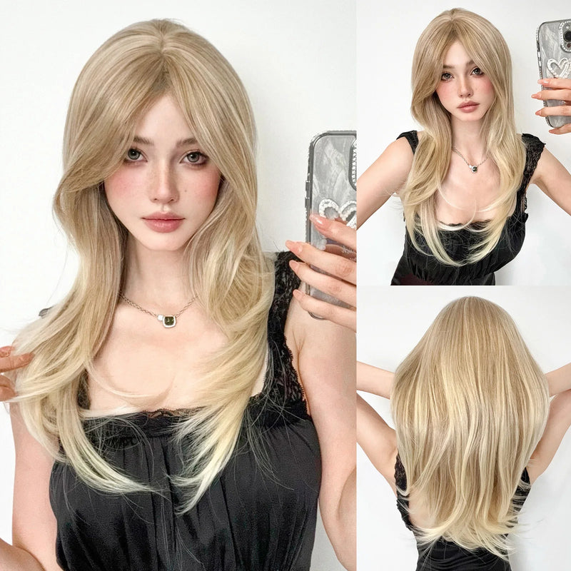 EASIHAIR Medium Length Wavy Blonde Synthetic Wig With Bangs For Women Natural Wigs Hair Heat Resistant Daily Party Cosplay Use