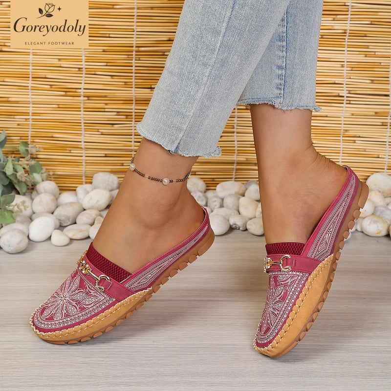 Goreyodoly women mule flats rhinestone cutout shoes chain detail elastic slip on wide fit lightweight soft sole comfort shoes