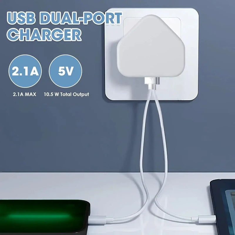 Universal UK Plug Dual USB Wall Charger 5V 2.1A Fast Charging Power Adapter 3 Pin Mains Travel Charger for iPhone 14 13 iPad Sam