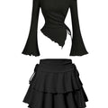 New Fashion Women's Half Skirt Summer Casual Elastic High Waist Slim Skirt Long Sleeve Slant Shoulder Sexy T-shirt Top 2-Piece