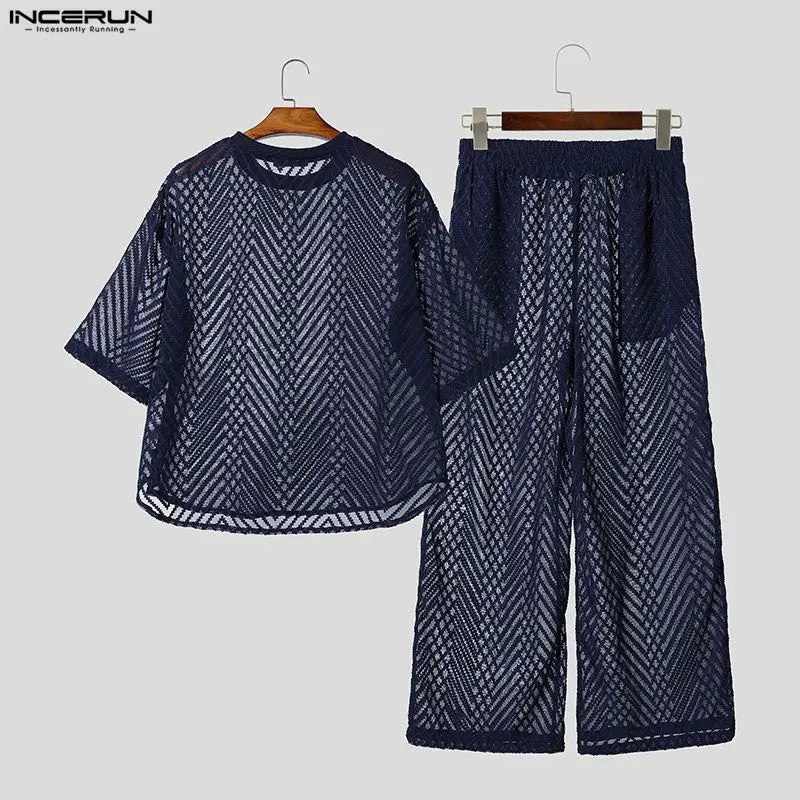 INCERUN Men's Sets See Through Mesh Short Sleeve T Shirt Pants Two Piece Streetwear Sexy Matching - View 5 | SAMAG