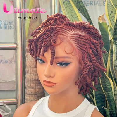 350# Bantu Braided Wigs Synthetic Full Lace Short Cornrow Braided Wigs Handmade Twist Wig with Baby Hair for Black Women