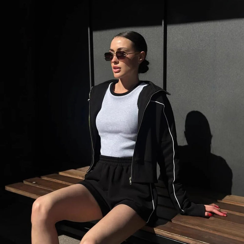 2026 Spring/Summer Casual Women's Stand up Collar Jacket Loose Shorts Long Sleeve Zipper Pocket Coat Fashion Sports Set