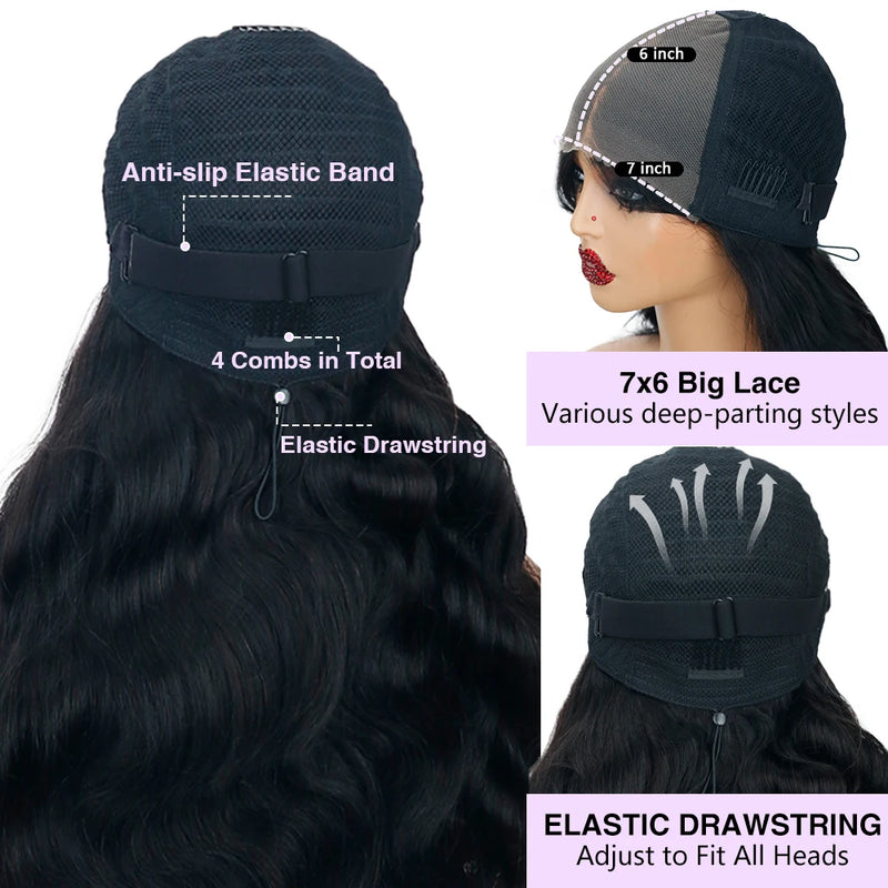 Lace Front Wigs Human Hair Glueless Wigs Human Hair 7x6 Glueless Wigs Human Hair Pre Plucked Pre Cut 220% Density Black Body Wave Human Hair Wig for Women