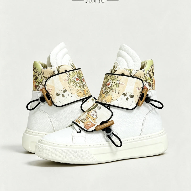 Chinese Style Comic Print High-Top Sneakers for Men, 2026 Autumn New Versatile Thick-Soled Sports Casual Shoes, Trendy White Shoes with Unique Design, Lightweight Skateboard Shoes for Young Men