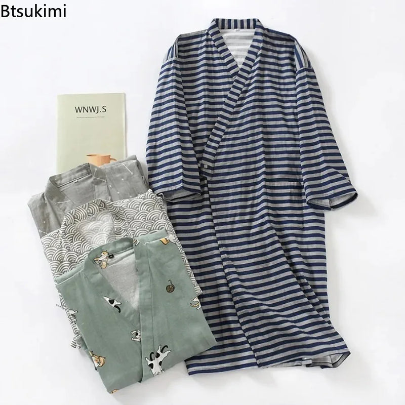 2026 New Men's 100% Cotton Gauze Bath Robes Loose Thin Japanese Kimono Pajamas for Men Casual Lace Up Bathrobes V-Neck Nightgown