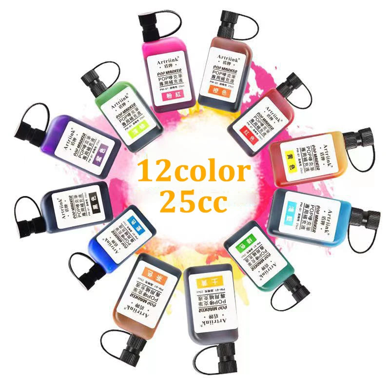 12Color POP Markers Refill Ink,25cc Permanent Marker Ink,Quick-Drying Waterproof And Non-Fading,Non-Erasable Marker Ink Refill