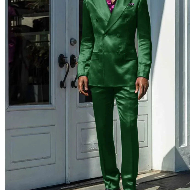 Fashionable Men Suits Satin 2 Piece Jacket Pants Sets High Quality Prom Party Blazer Double Breasted Peak Lapel Male Clothing