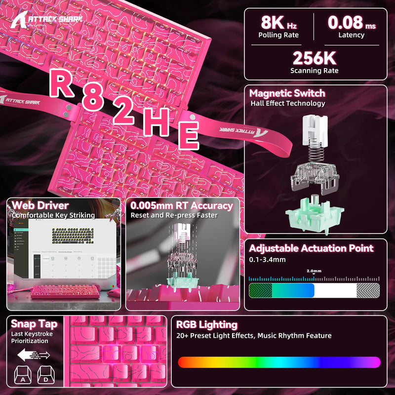 ATTACK SHARK R82 HE Wired 75% Gaming Keyboard, Magnetic Switch, 8000Hz Polling Rate, Ultra-Precision 0.005mm RT Tech, RGB Backli