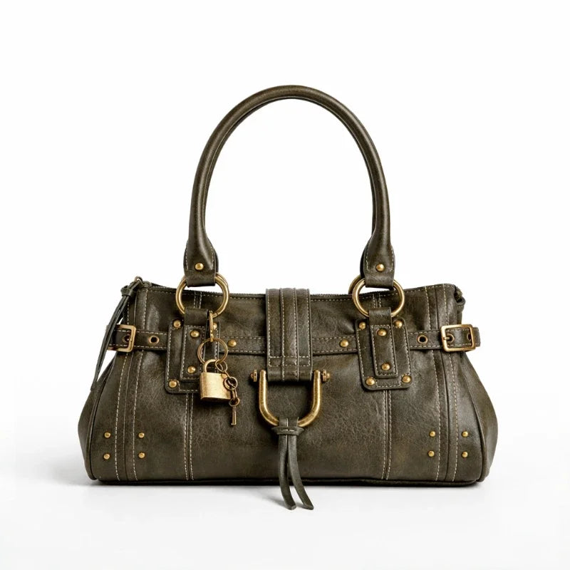Vintage Rivet Large Capacity Commuter Tote Bag Underarm Shoulder Handbag Luxurious Studded Buckle Design Street Style Hobo Purse