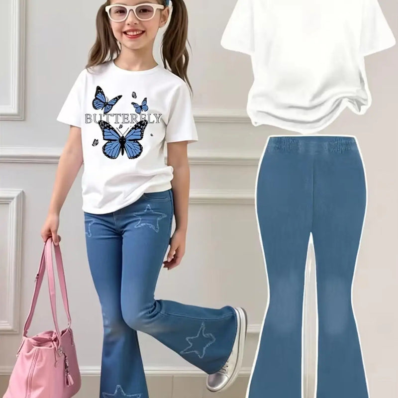 Girls' Summer Casual Outfit: White Butterfly Print | SAMAG