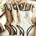 3pcs Women's Ribbed Bodysuit Set Fashionable Black Piped Square Neck Waist-Cinching Style Summer Nightlife Wear Elegant Beach Ou