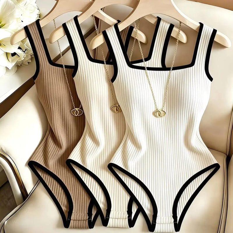 3pcs Women's Ribbed Bodysuit Set Fashionable Black Piped Square Neck Waist-Cinching Style Summer Nightlife Wear Elegant Beach Ou
