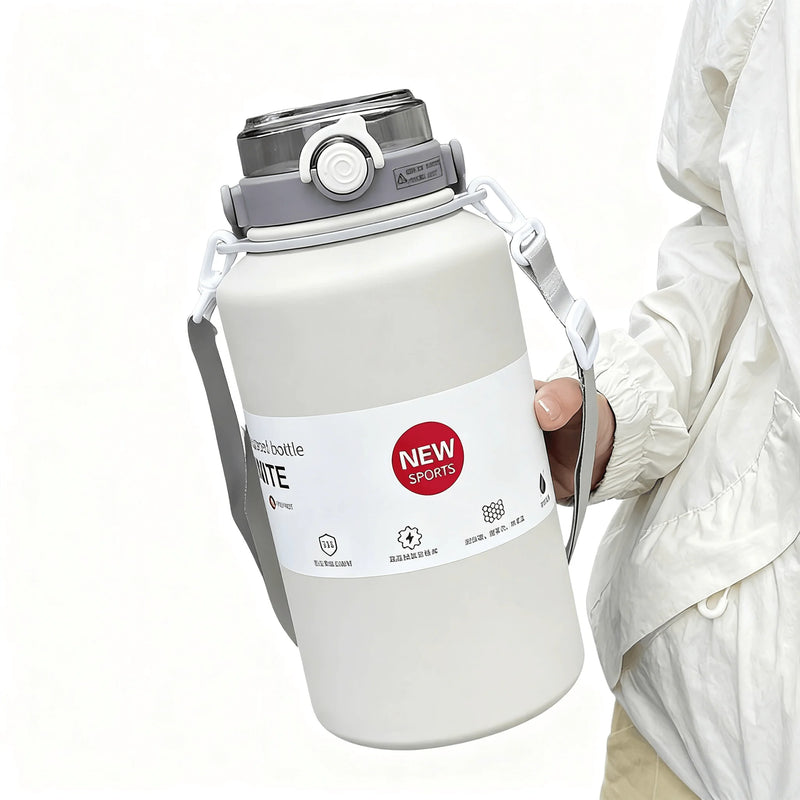 800ml/2000ml Large Capacity Stainless Steel Insulated Water Jug with Handle & Straw, Leakproof Vacuum Thermos Mug for Sports Out