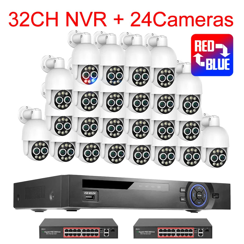 Techage H.265 8MP 36CH Dual Lens POE Camera Kit Humanoid Auto Traking Smart AI 8X Zoom PTZ POE Survillance Kit E-mail Alert P2P