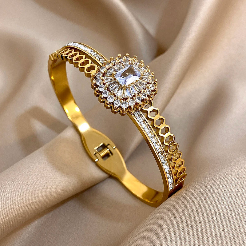 Stainless Steel Bangle Bracelet Inlay Luxury Rhinestones Gorgeous Synthetic Zirconia Geometric Oval Square Stars Shape for Women
