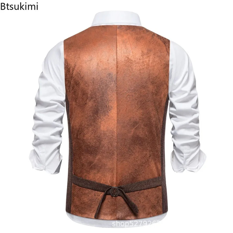 Men's Suit Vests Solid Color Herringbone Suit Waistcoat Business Casual Working Wear Retro Brown Single Breasted Vest for Men
