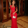 OIMG Shimmery Red Square Neck Mermaid Formal Prom Gowns | SAMAG