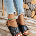 Women's Summer Spring & Fall Casual Simple Large Buckle Pu Upper Soft Wood Grain Comfortable Flat Heel Slip-On Beach Slippers